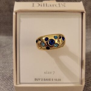 Dillard's Brand Gold Ring With Dark Blue, Light Blue And Clear Stones